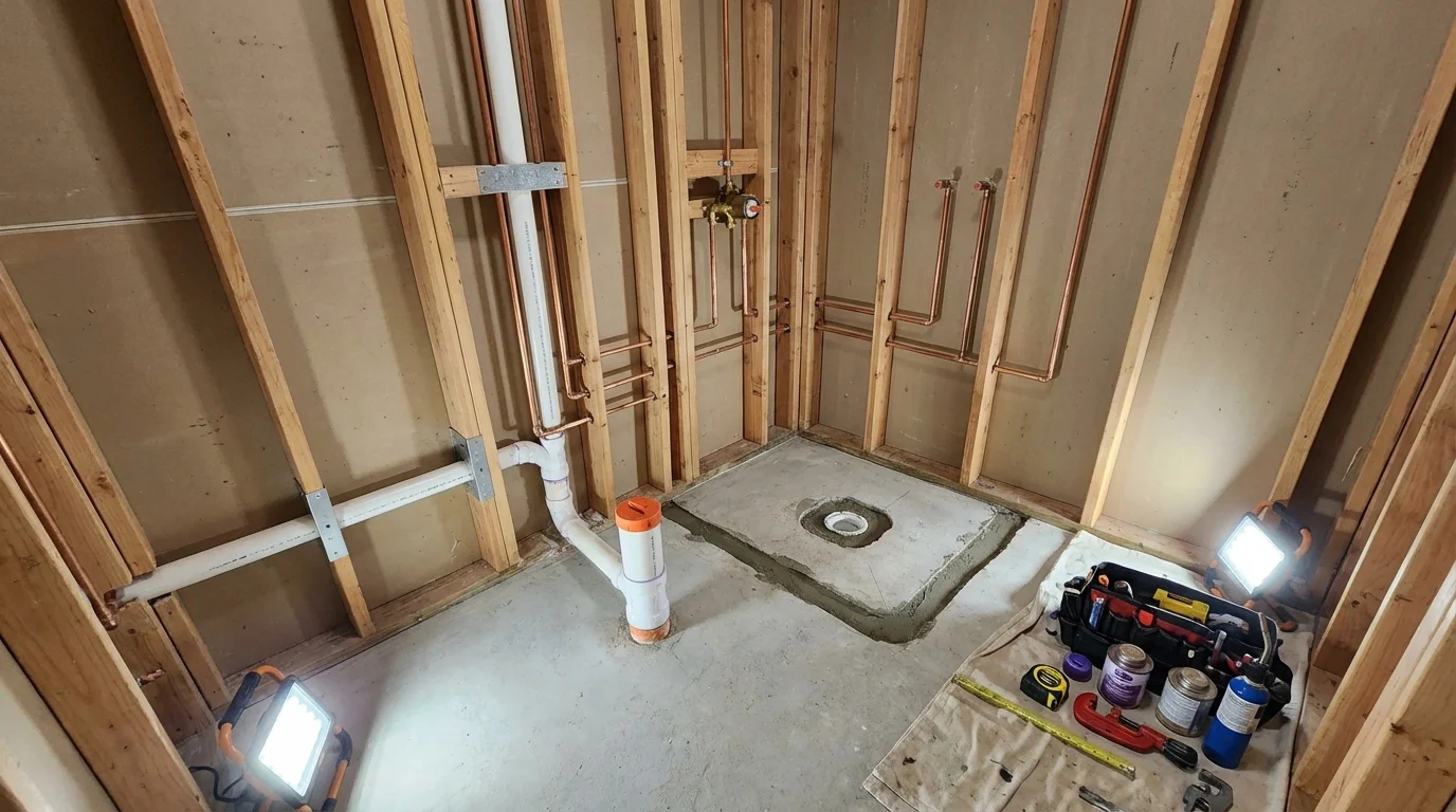 Bathroom rough-in plumbing during remodel by Johns Plumbing LLC in Solana Beach