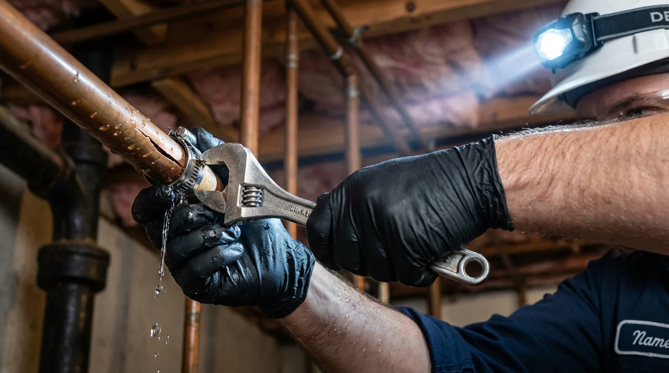 Emergency pipe clamp repair being performed by a Johns Plumbing LLC plumber in Solana Beach