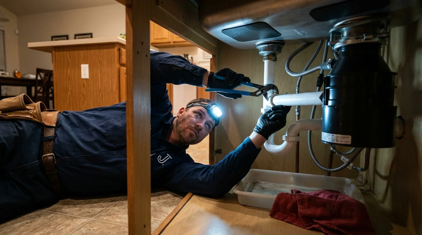 P-trap and supply line connections under a kitchen sink showing a common leak point in Solana Beach, CA